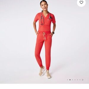 Figs Set One-Pocket Scrub Top and Jogger Scrub Pant Set-Sunset Orange